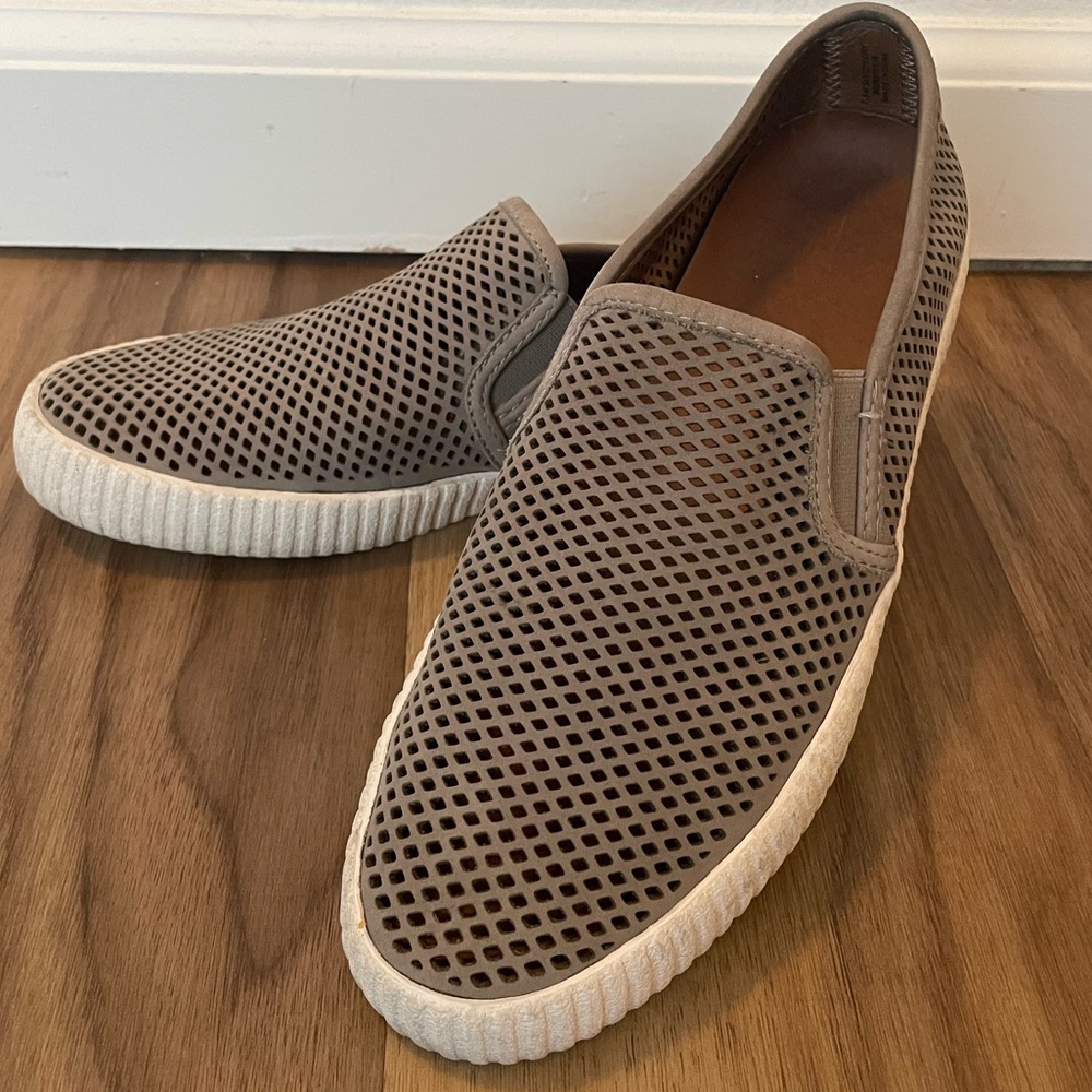 Frye Perforated Slip Ons in Taupe Suede 7.5